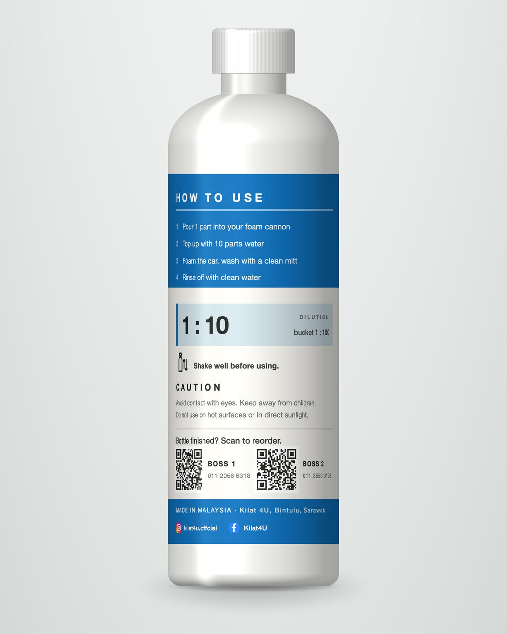 3.0 MAIN WASH bottle, back label with how-to-use steps and reorder QR codes