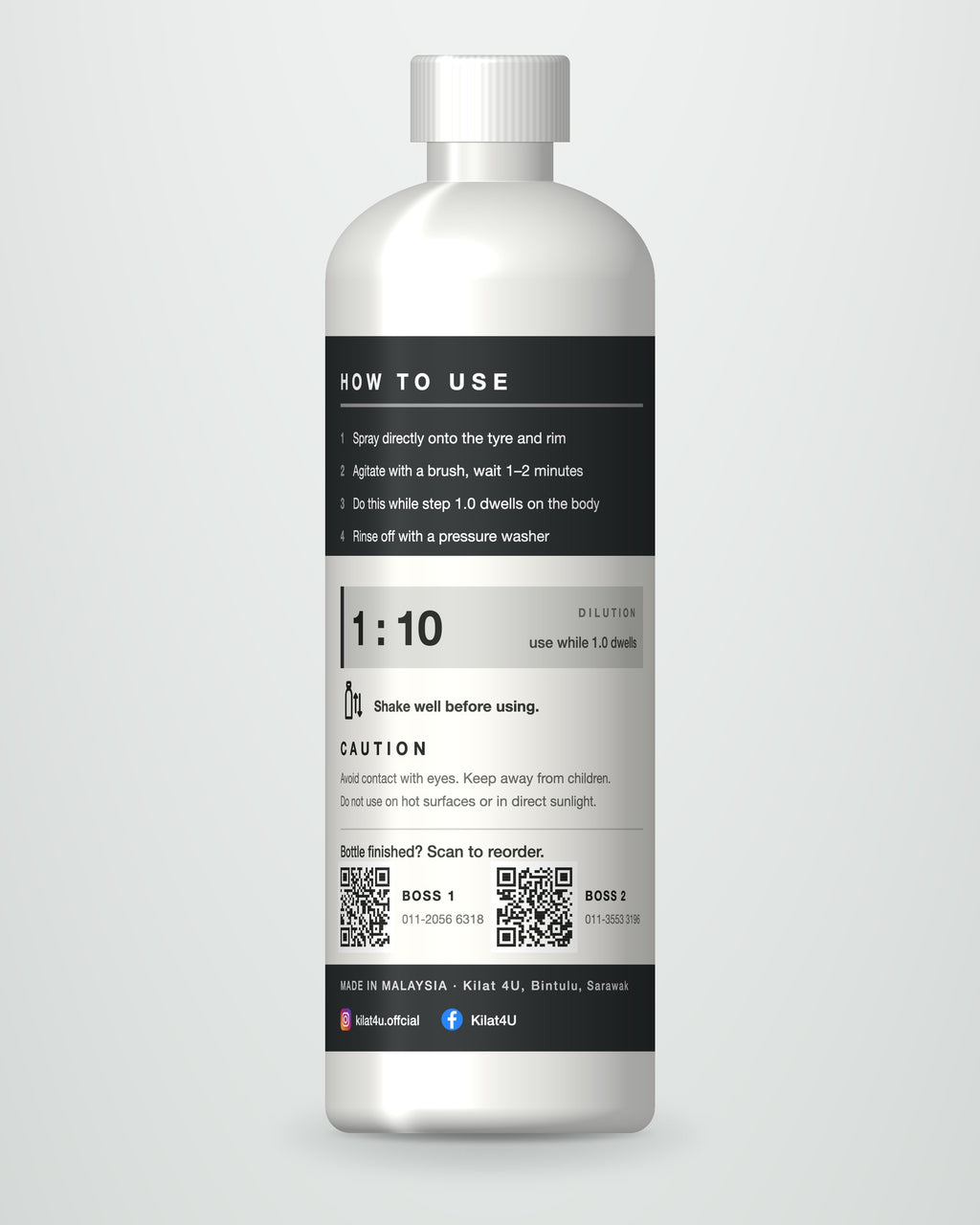 2.0 TYRE & WHEEL bottle, back label with how-to-use steps and reorder QR codes