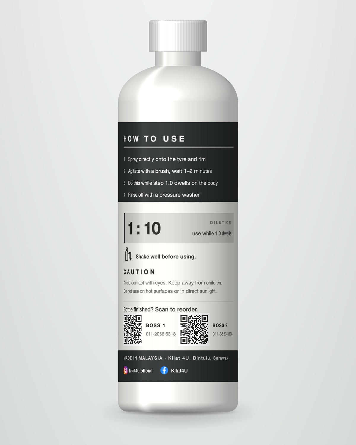 2.0 TYRE & WHEEL bottle, back label with how-to-use steps and reorder QR codes