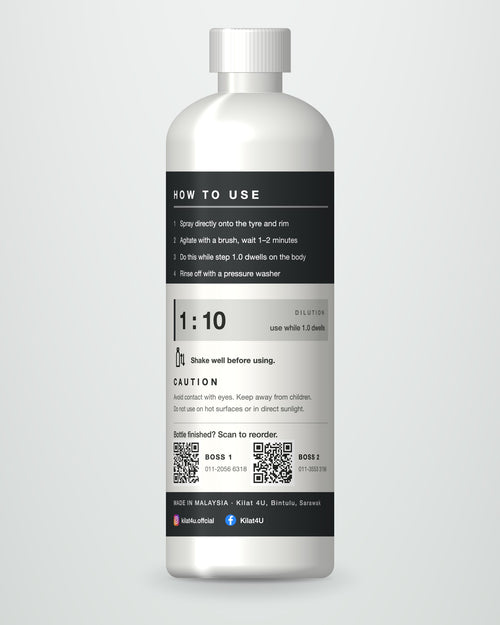2.0 TYRE & WHEEL bottle, back label with how-to-use steps and reorder QR codes