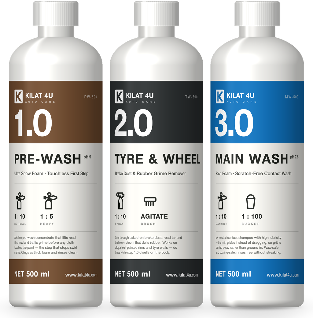 The Kilat 4U 3-Step Set: 1.0 PRE-WASH, 2.0 TYRE & WHEEL and 3.0 MAIN WASH
