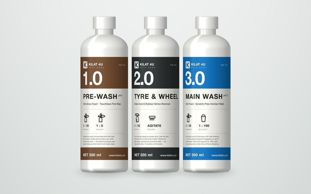 Three Kilat 4U bottles side by side, in the order you use them